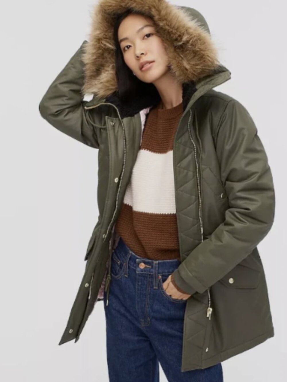 J. Crew Women's Prima Loft Hooded Parka H2222 olive green Coat Sz M